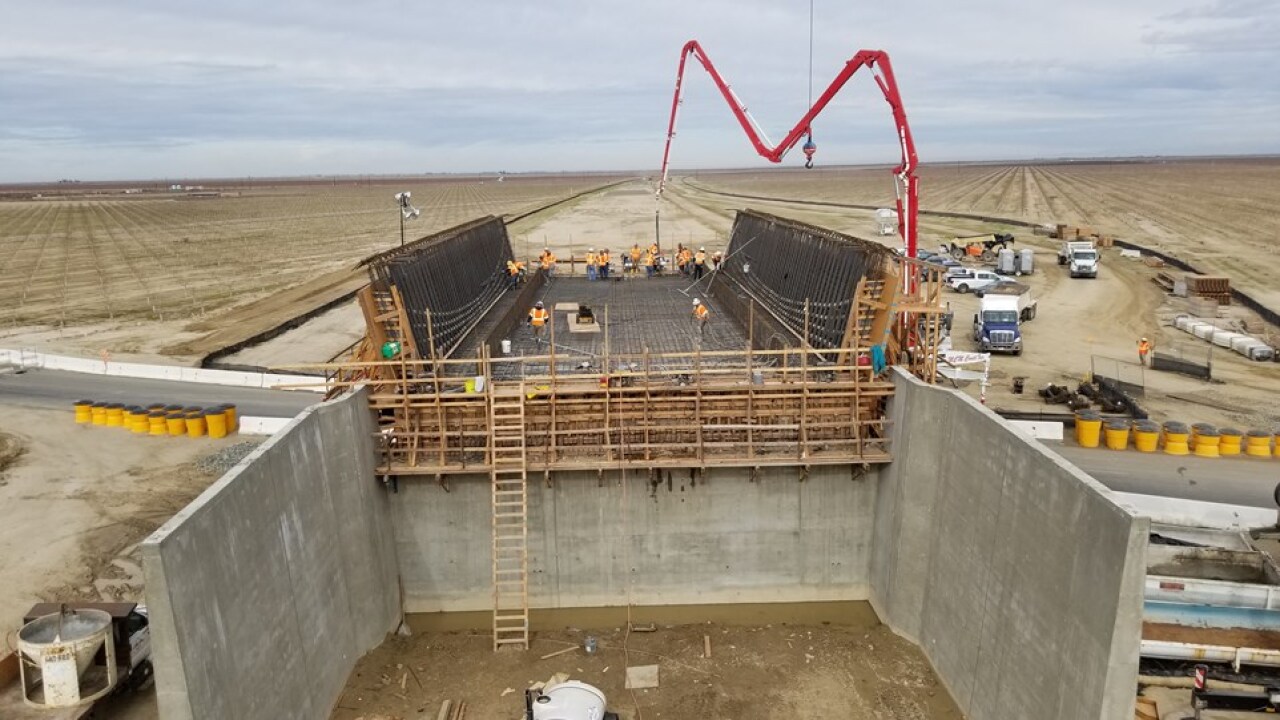 Concrete pour on a California High-Speed Rail structure in the Central Valley