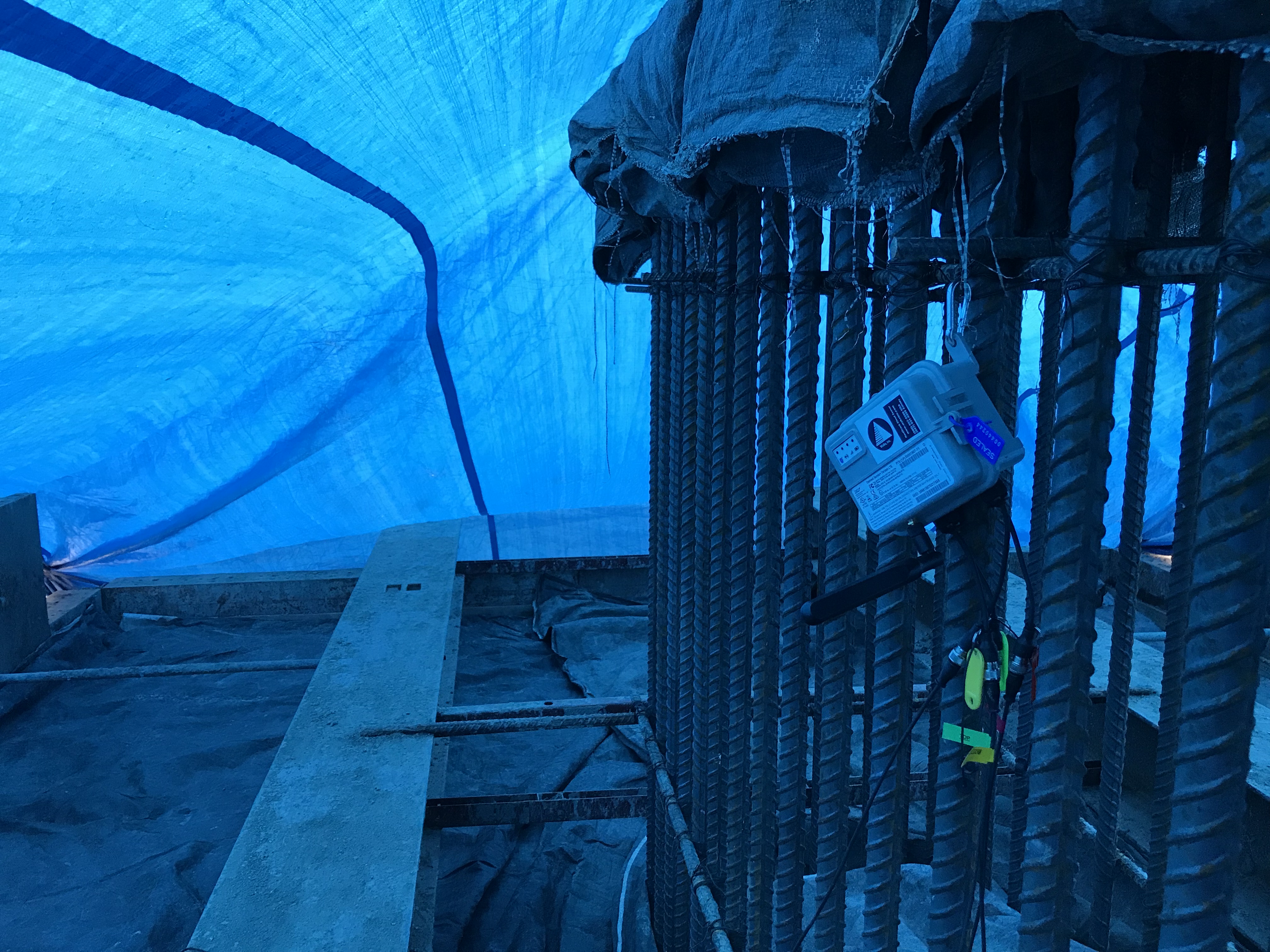HardTrack wireless logger wired into the rebar during a deck pour on the Dunns Creek bridge