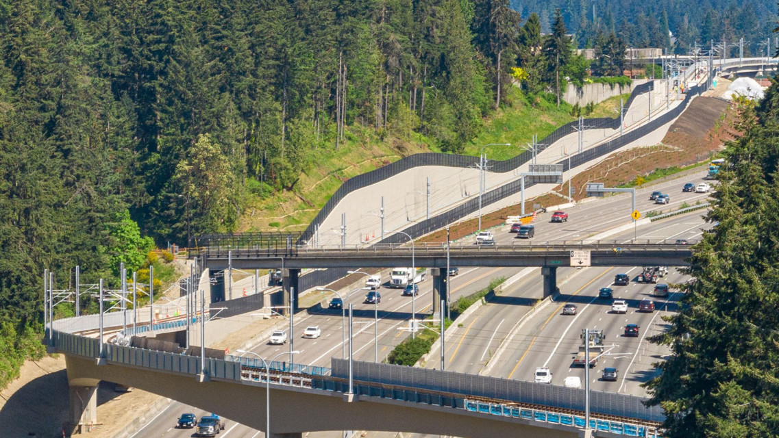 Lynnwood Link light rail elevated guideway alongside I-5 — a HardTrack project
